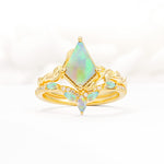 Nature-Inspired Kite Cut Fire Opal Bridal Set with Leaf Accents - Yellow-Gold