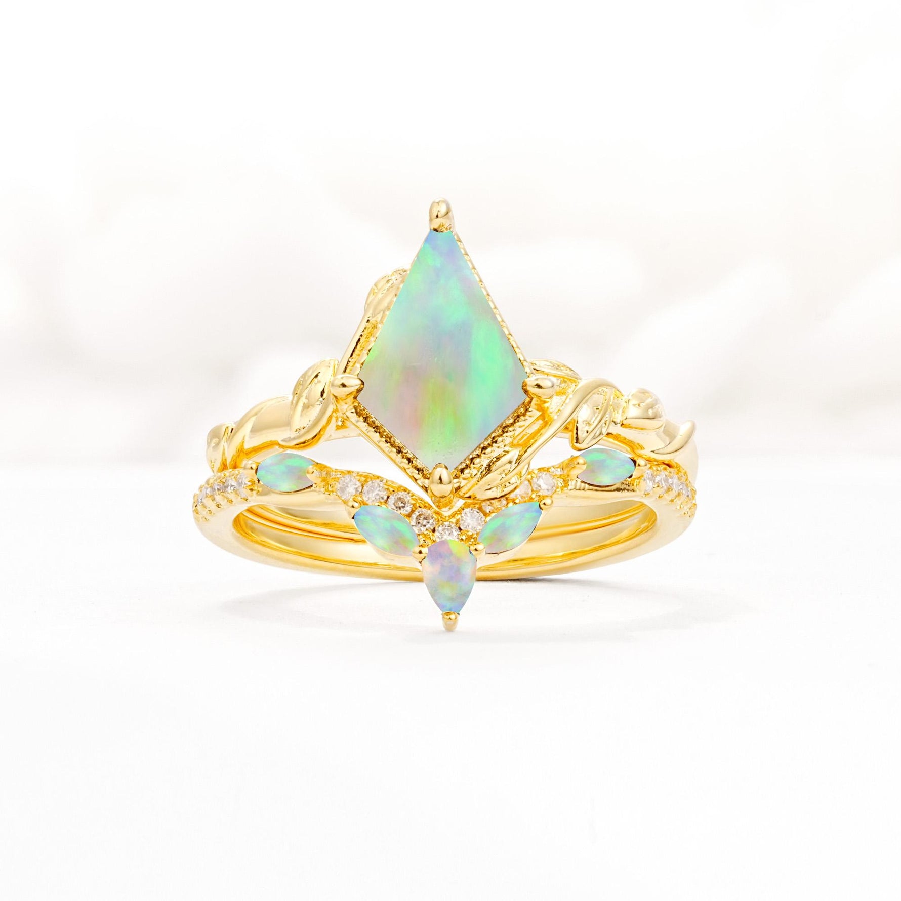 Nature-Inspired Kite Cut Fire Opal Bridal Set with Leaf Accents - Yellow-Gold