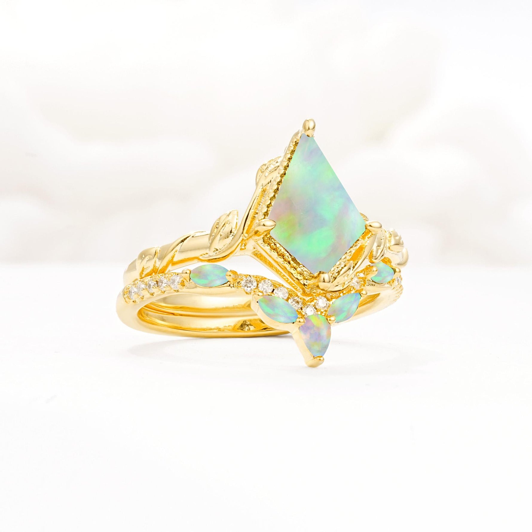 Nature-Inspired Kite Cut Fire Opal Bridal Set with Leaf Accents - Rose-Gold