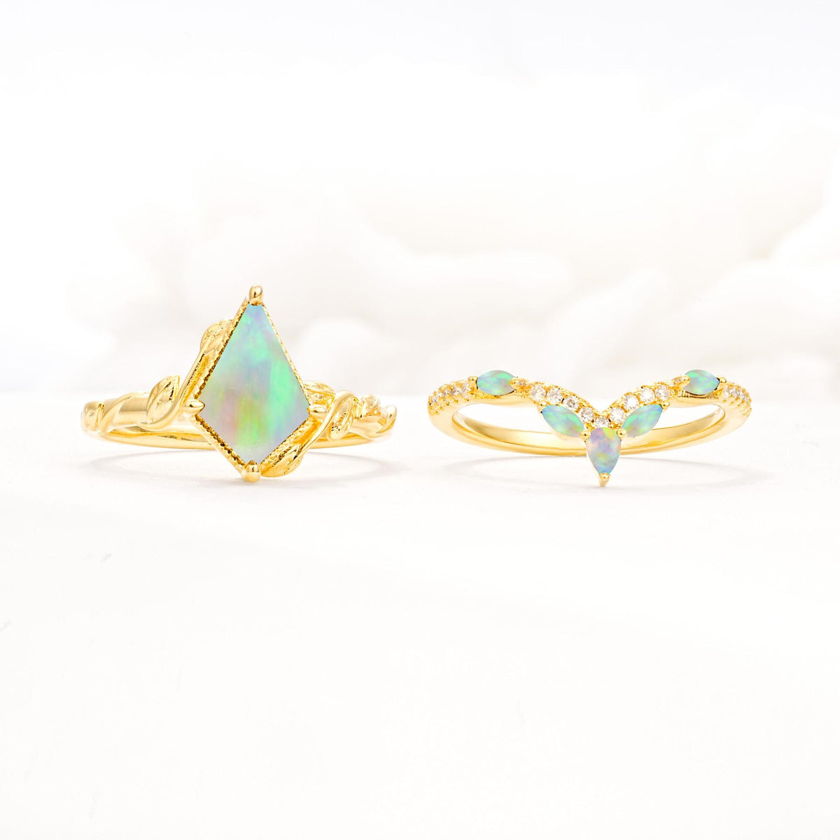 Nature-Inspired Kite Cut Fire Opal Bridal Set with Leaf Accents - White-Gold