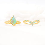 Nature-Inspired Kite Cut Fire Opal Bridal Set with Leaf Accents - White-Gold