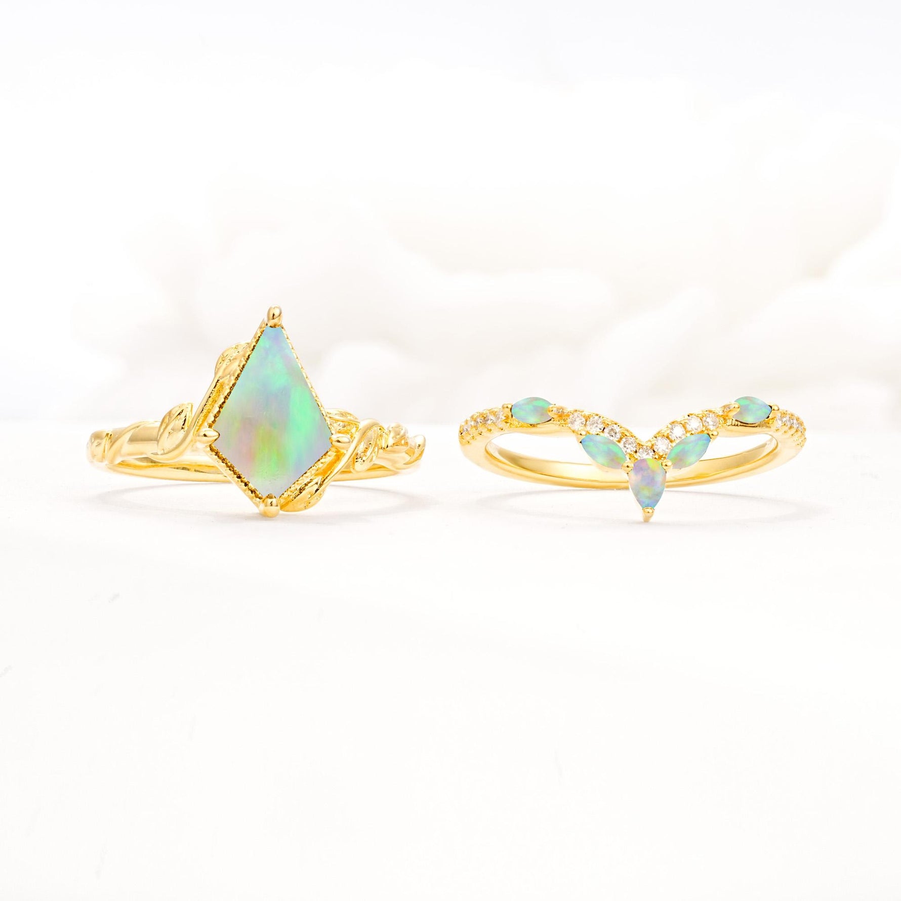 Nature-Inspired Kite Cut Fire Opal Bridal Set with Leaf Accents - White-Gold