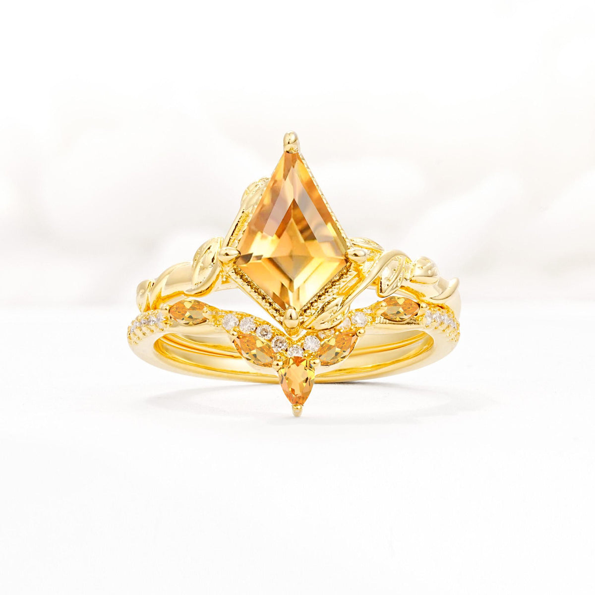 Nature-Inspired Kite Cut Citrine Bridal Set with Leaf Accents - Yellow-Gold