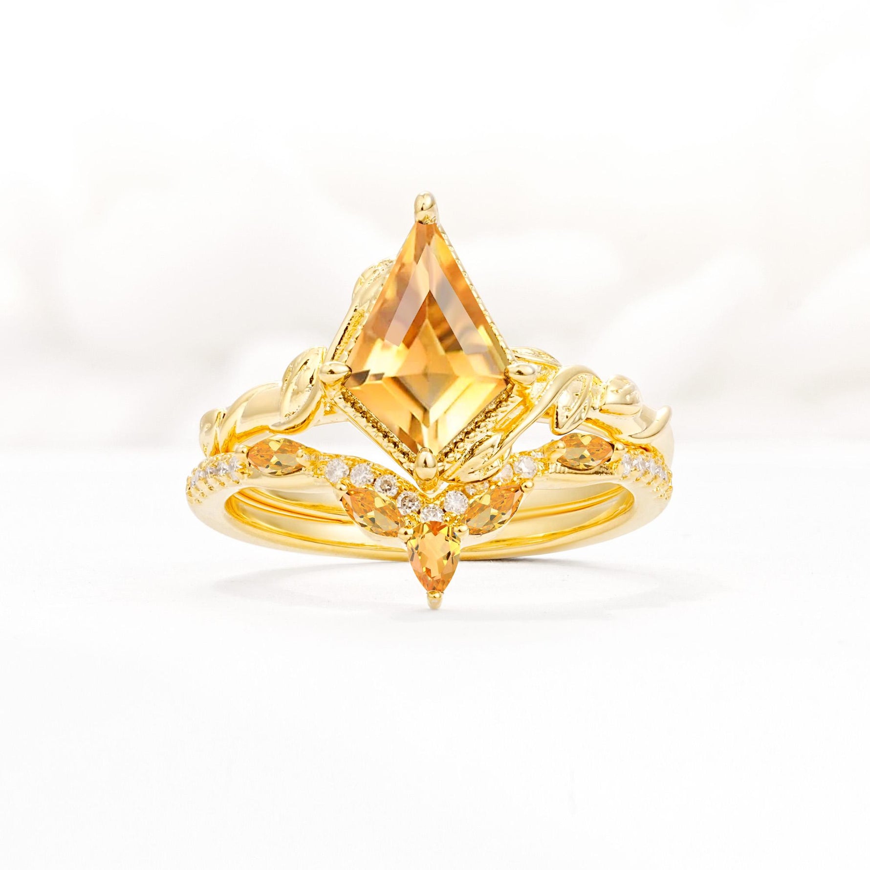 Nature-Inspired Kite Cut Citrine Bridal Set with Leaf Accents - Yellow-Gold
