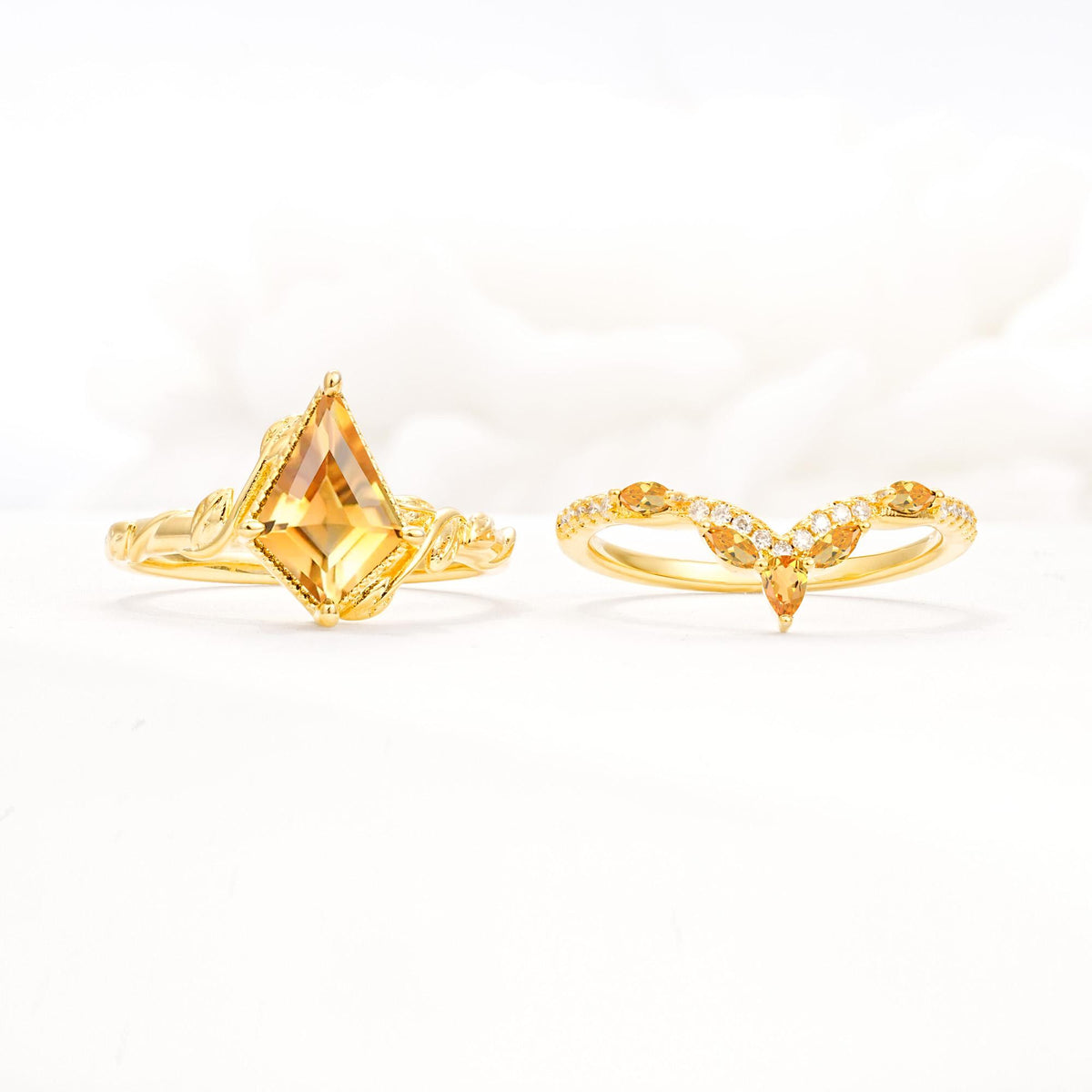 Nature-Inspired Kite Cut Citrine Bridal Set with Leaf Accents - White-Gold