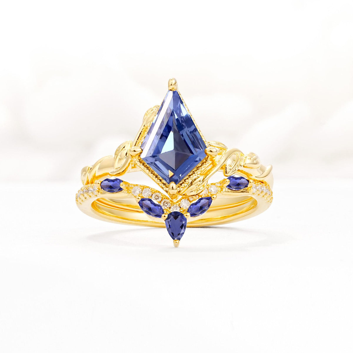 Nature-Inspired Kite Cut Tanzanite Bridal Set with Leaf Accents - Yellow-Gold