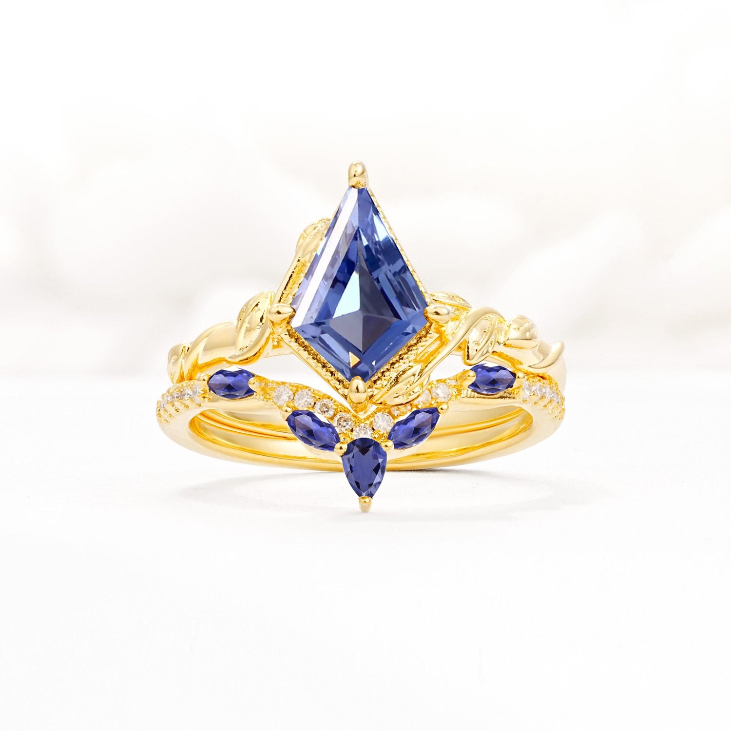 Nature-Inspired Kite Cut Tanzanite Bridal Set with Leaf Accents - Yellow-Gold
