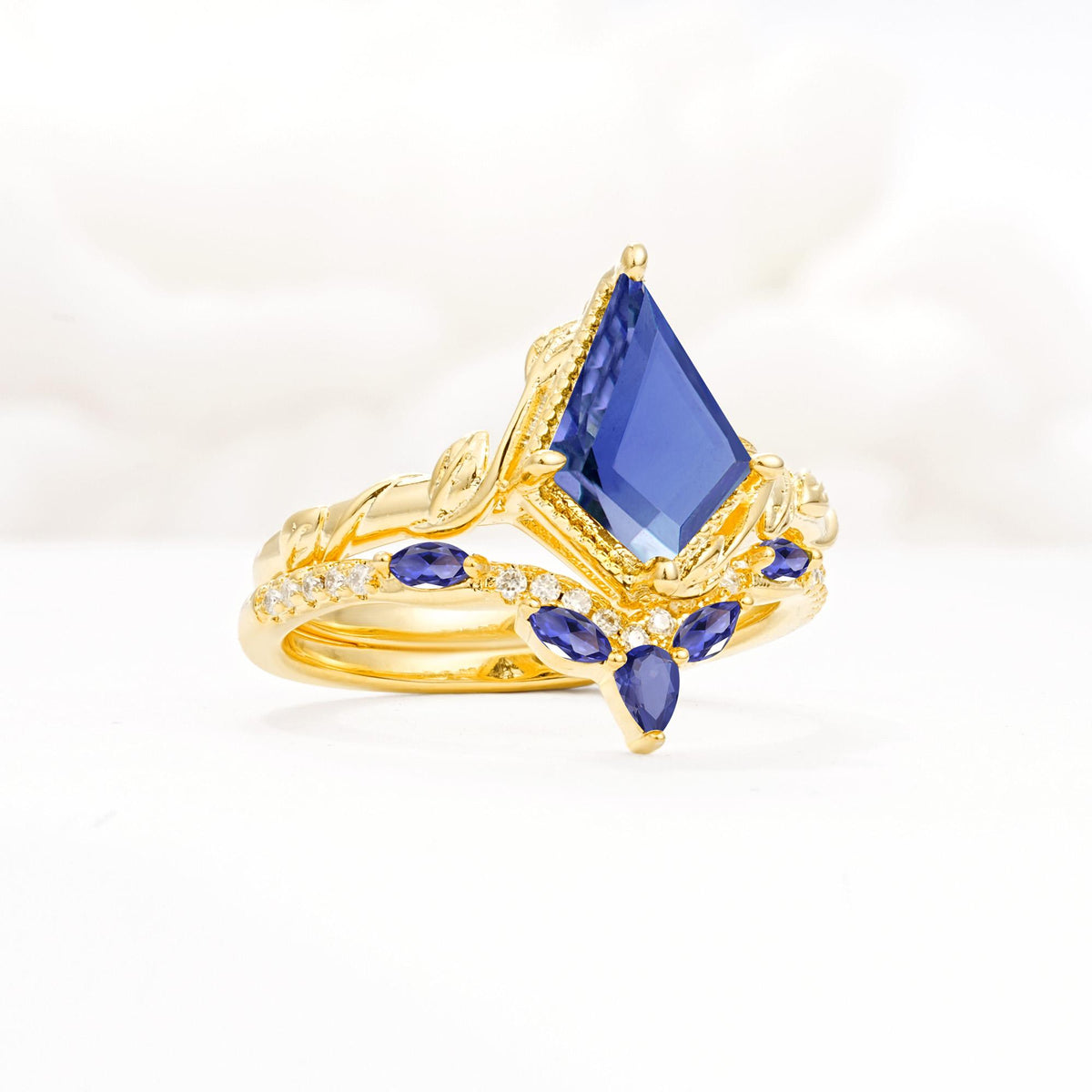Nature-Inspired Kite Cut Tanzanite Bridal Set with Leaf Accents - Rose-Gold