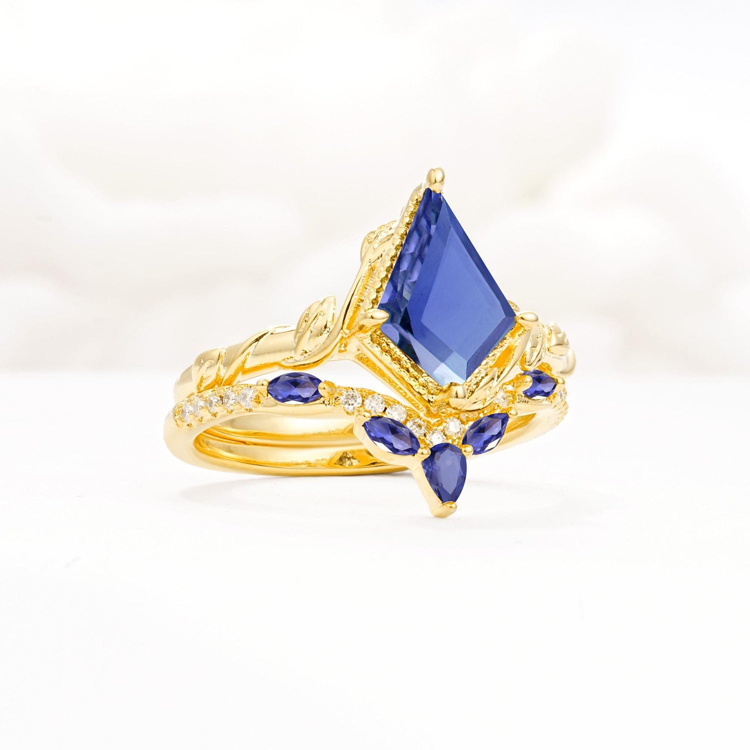 Nature-Inspired Kite Cut Tanzanite Bridal Set with Leaf Accents - Rose-Gold
