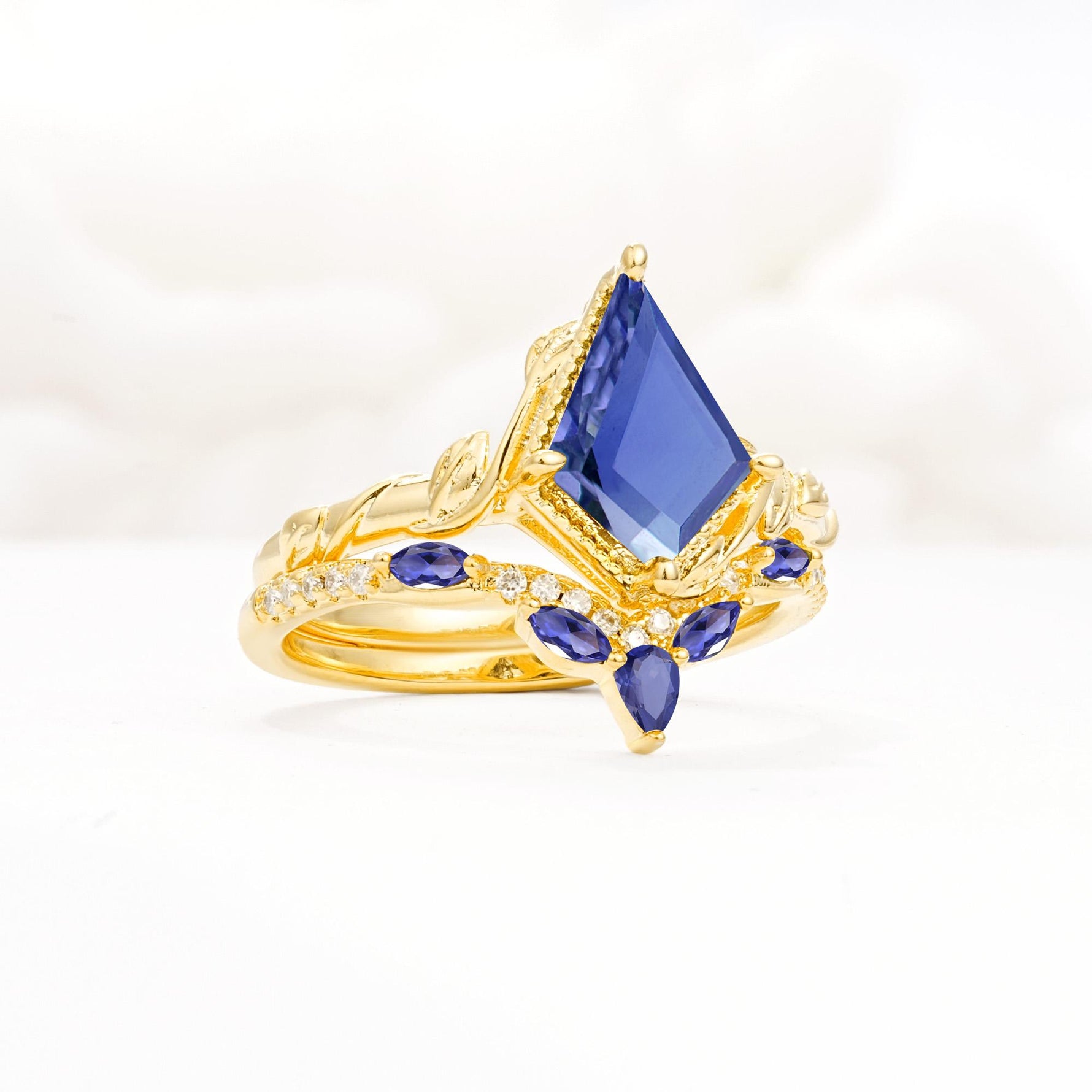 Nature-Inspired Kite Cut Tanzanite Bridal Set with Leaf Accents - Rose-Gold