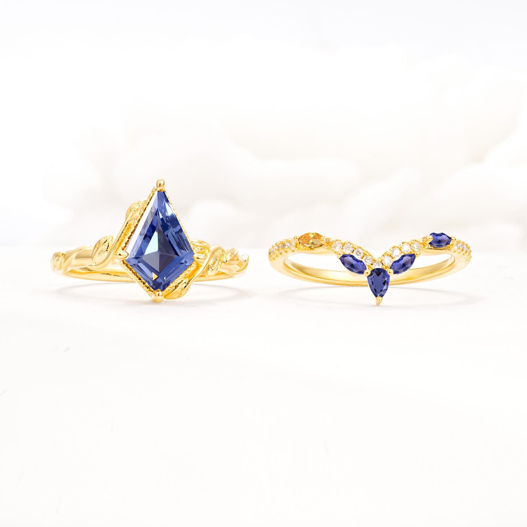 Nature-Inspired Kite Cut Tanzanite Bridal Set with Leaf Accents - White-Gold