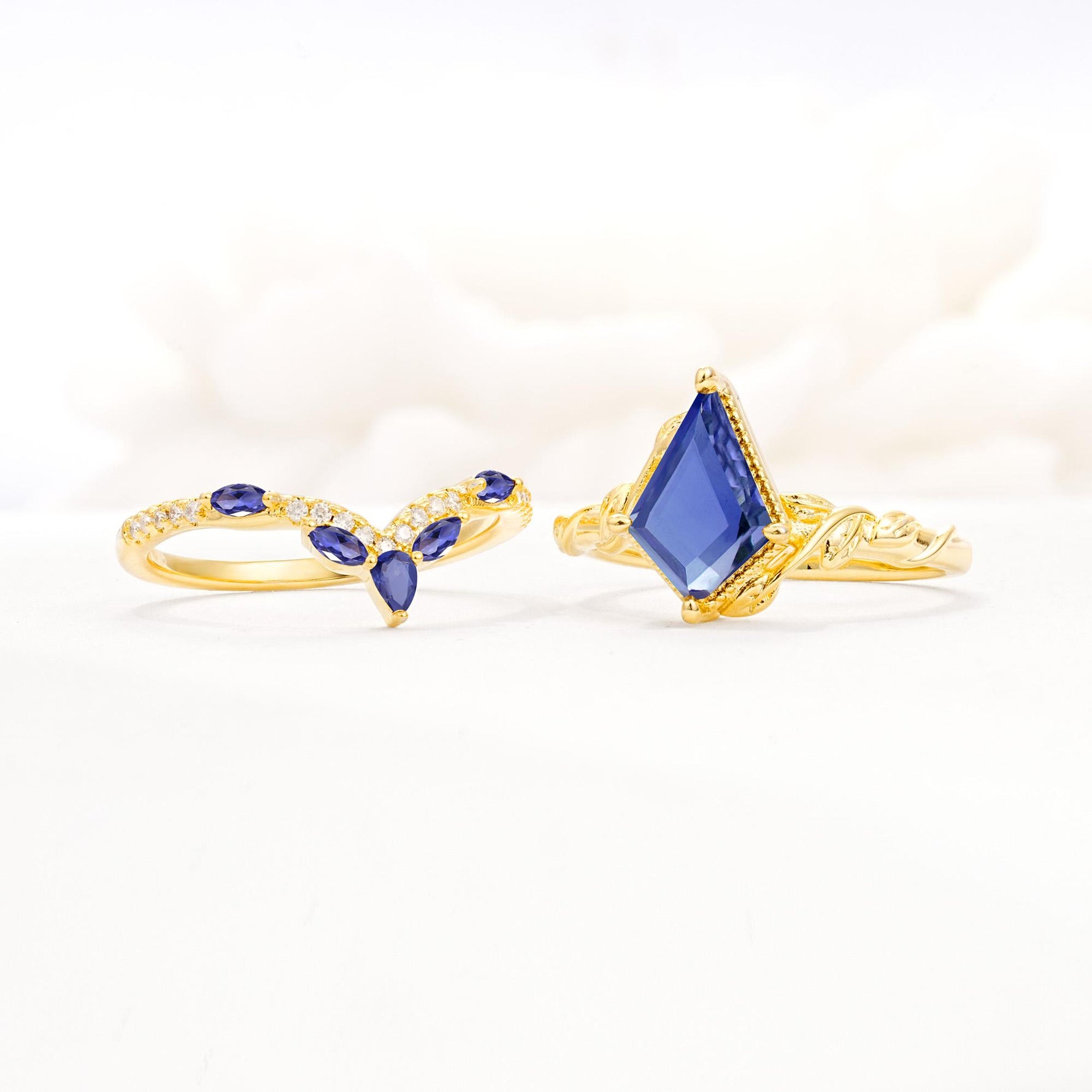 Nature-Inspired Kite Cut Tanzanite Bridal Set with Leaf Accents - Additional view