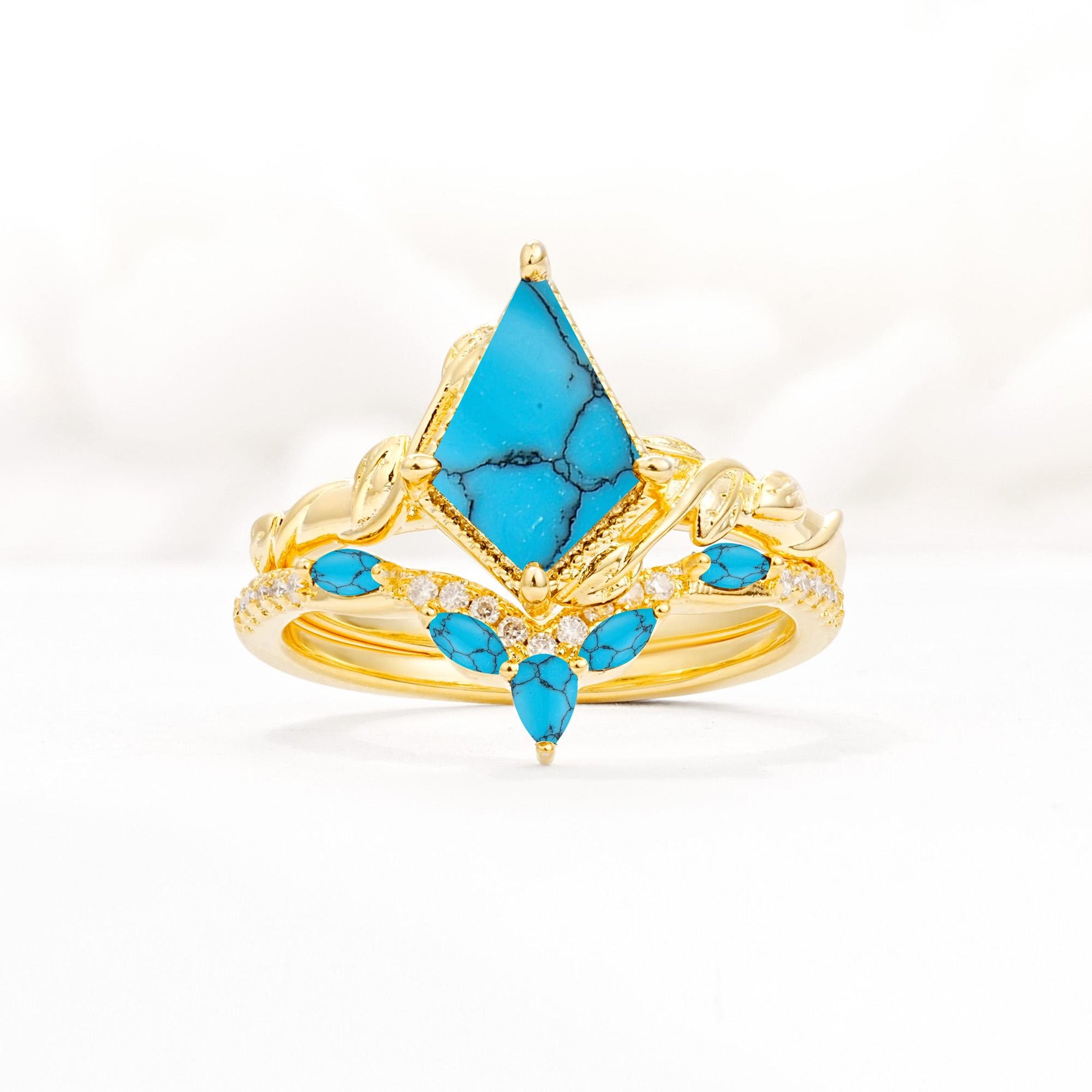 Nature-Inspired Kite Cut Turquoise Bridal Set with Leaf Accents - Yellow-Gold