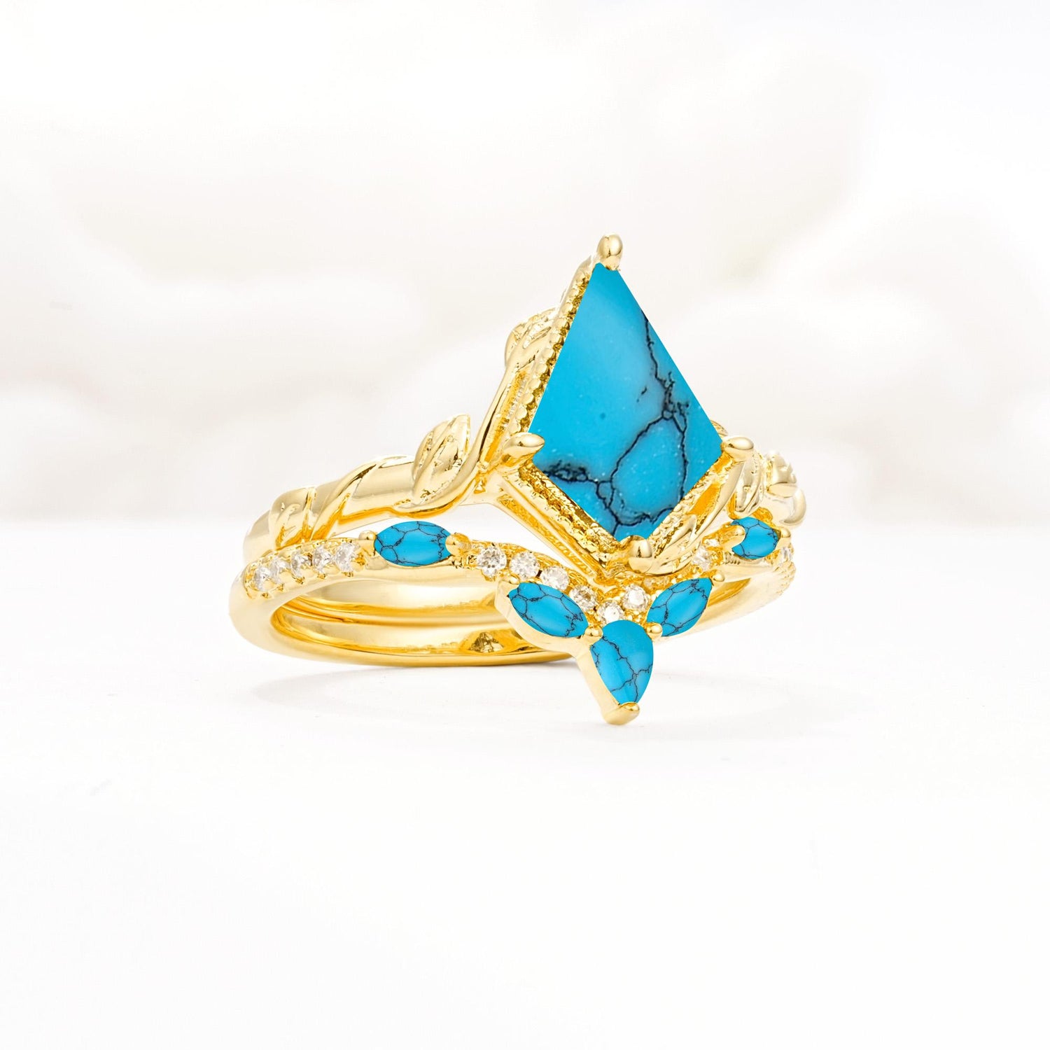 Nature-Inspired Kite Cut Turquoise Bridal Set with Leaf Accents - Rose-Gold