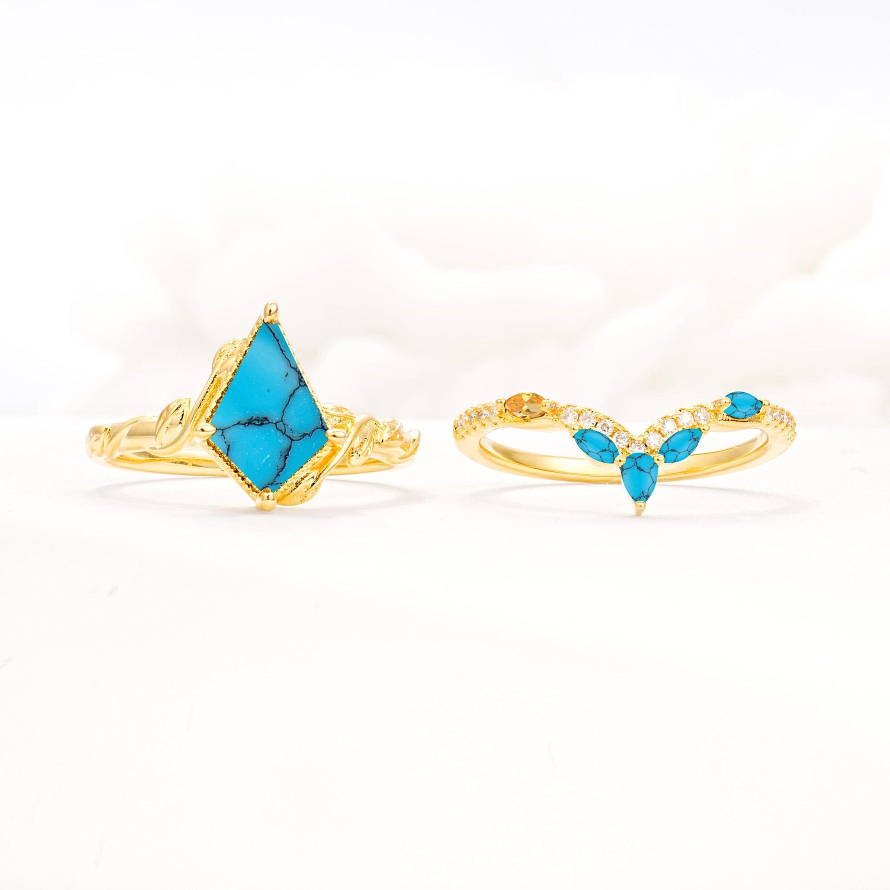 Nature-Inspired Kite Cut Turquoise Bridal Set with Leaf Accents - White-Gold