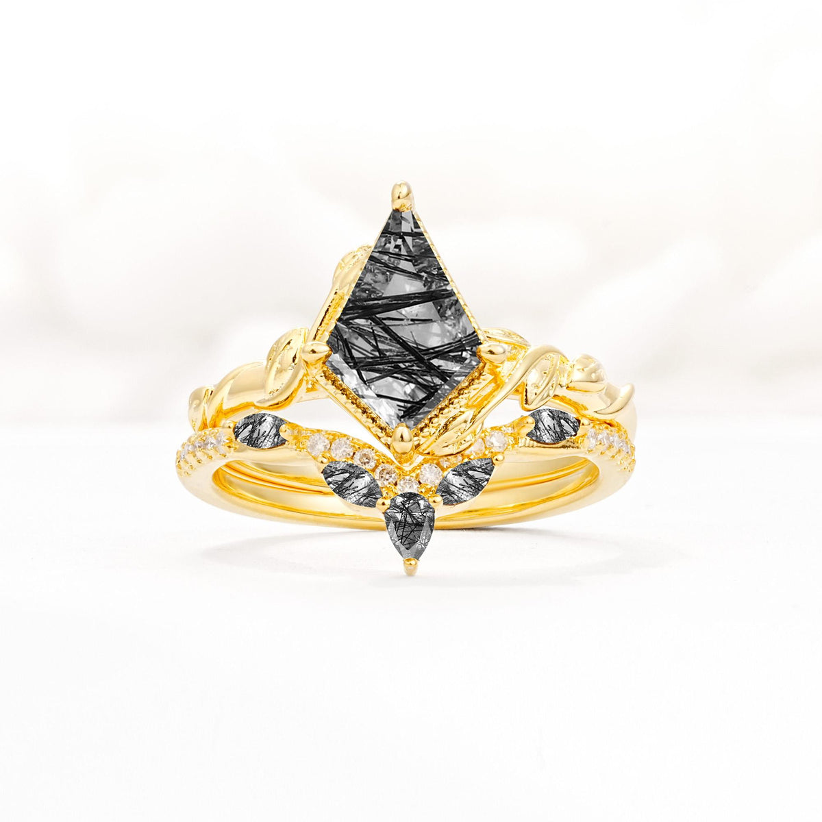 Nature-Inspired Kite Cut Black Rutilated Quartz Bridal Set with Leaf Accents - Yellow-Gold