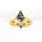 Nature-Inspired Kite Cut Black Rutilated Quartz Bridal Set with Leaf Accents - Yellow-Gold