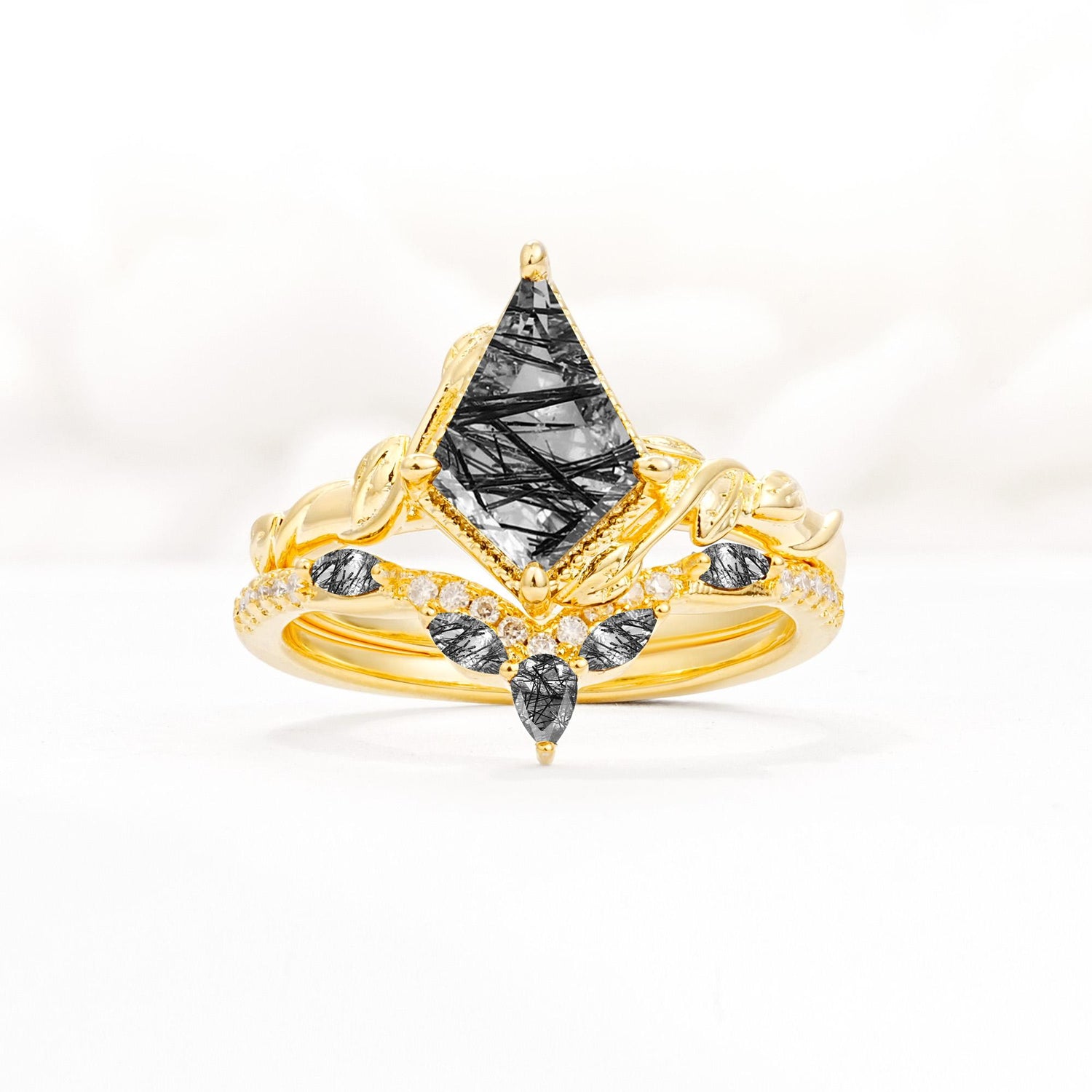 Nature-Inspired Kite Cut Black Rutilated Quartz Bridal Set with Leaf Accents - Yellow-Gold