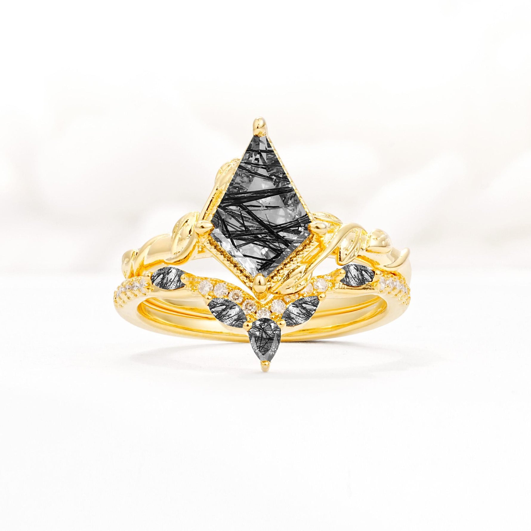 Nature-Inspired Kite Cut Black Rutilated Quartz Bridal Set with Leaf Accents - Yellow-Gold