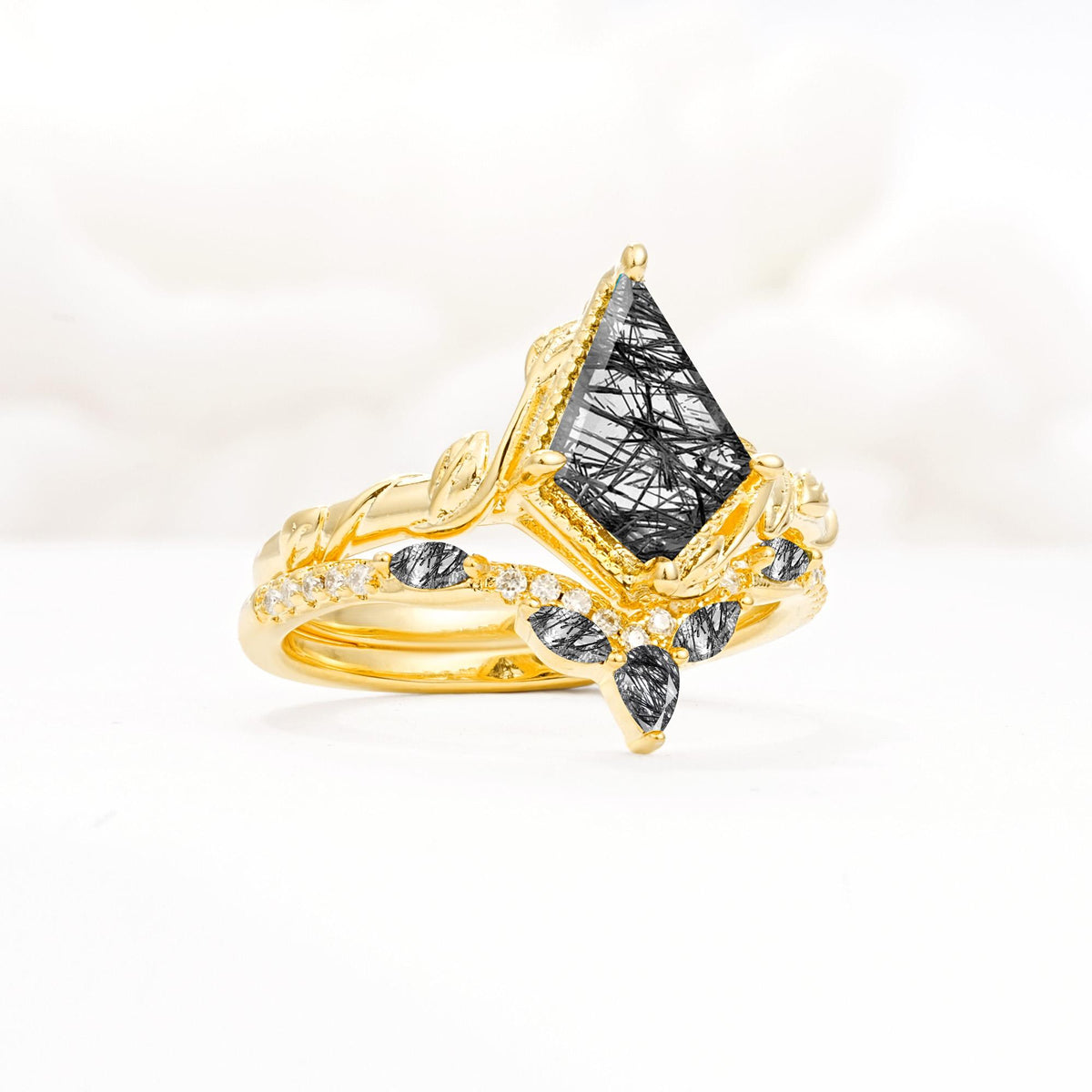 Nature-Inspired Kite Cut Black Rutilated Quartz Bridal Set with Leaf Accents - Rose-Gold