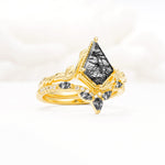 Nature-Inspired Kite Cut Black Rutilated Quartz Bridal Set with Leaf Accents - Rose-Gold