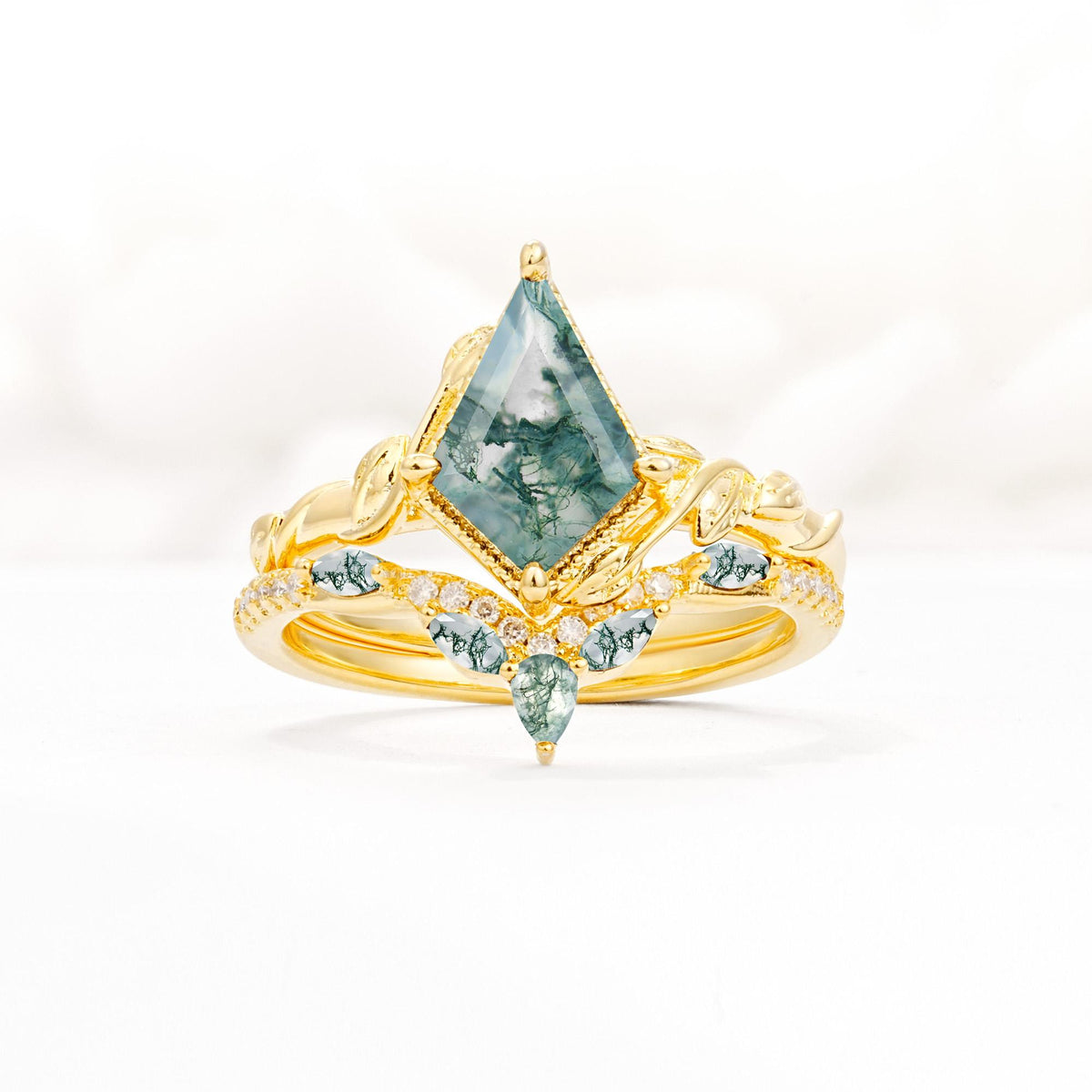 Nature-Inspired Kite Cut Moss Agate Bridal Set with Leaf Accents - Yellow-Gold