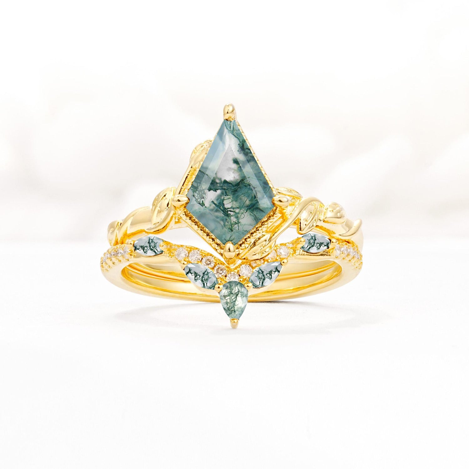 Nature-Inspired Kite Cut Moss Agate Bridal Set with Leaf Accents - Yellow-Gold