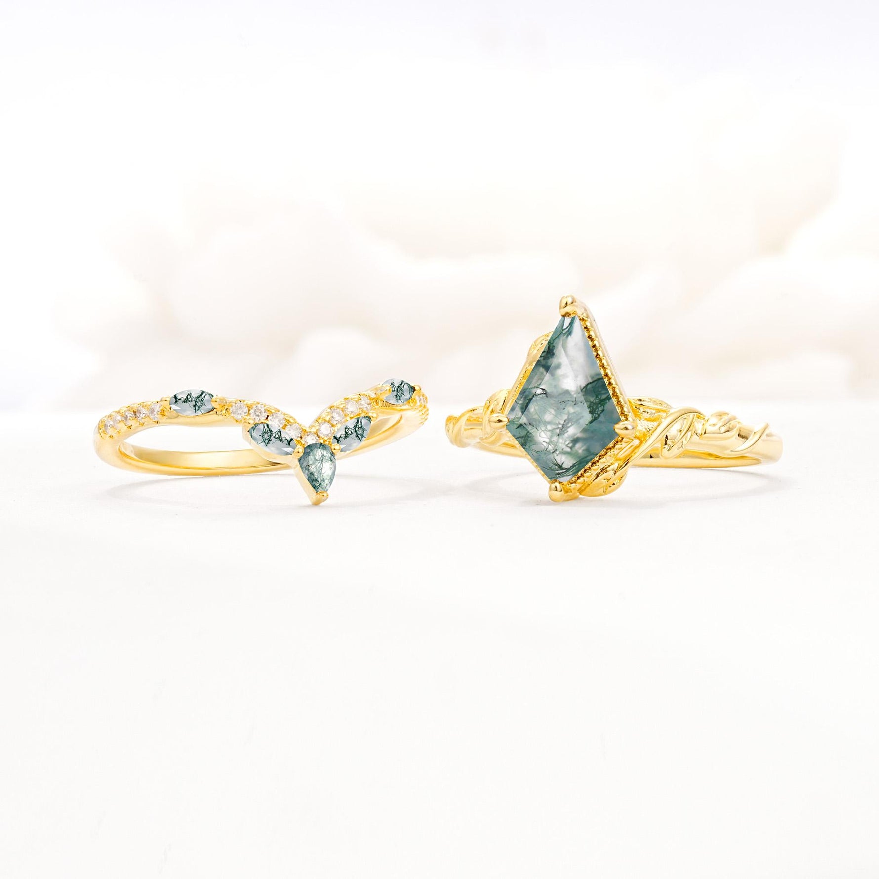 Nature-Inspired Kite Cut Moss Agate Bridal Set with Leaf Accents - Additional view