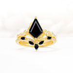 Nature-Inspired Kite Cut Black Onyx Bridal Set with Leaf Accents - Yellow-Gold