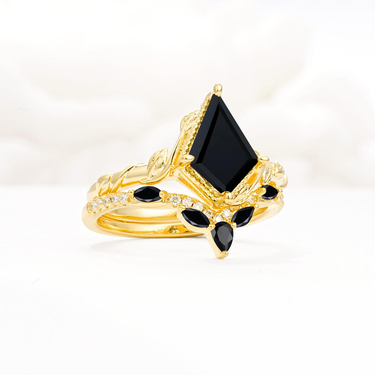 Nature-Inspired Kite Cut Black Onyx Bridal Set with Leaf Accents - Rose-Gold