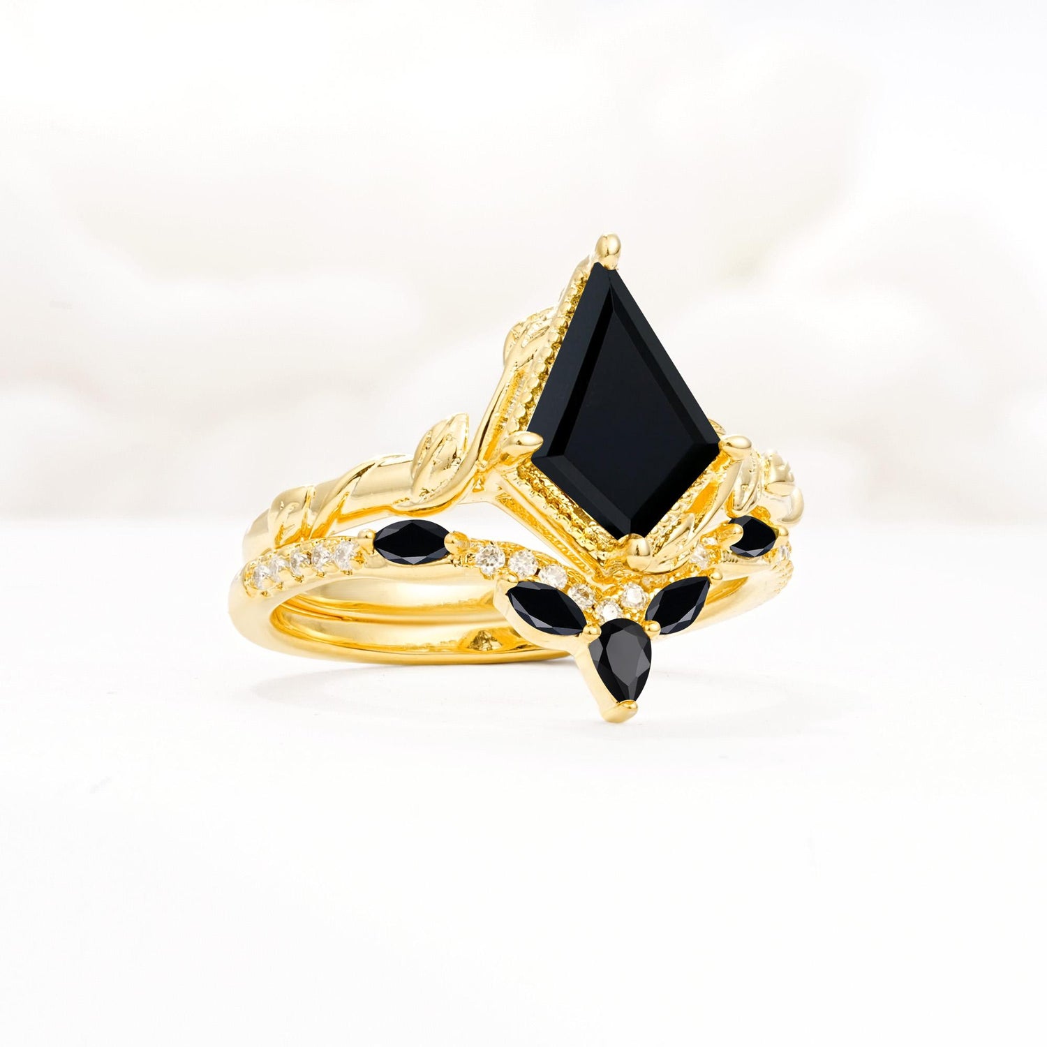 Nature-Inspired Kite Cut Black Onyx Bridal Set with Leaf Accents - Rose-Gold