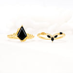 Nature-Inspired Kite Cut Black Onyx Bridal Set with Leaf Accents - White-Gold