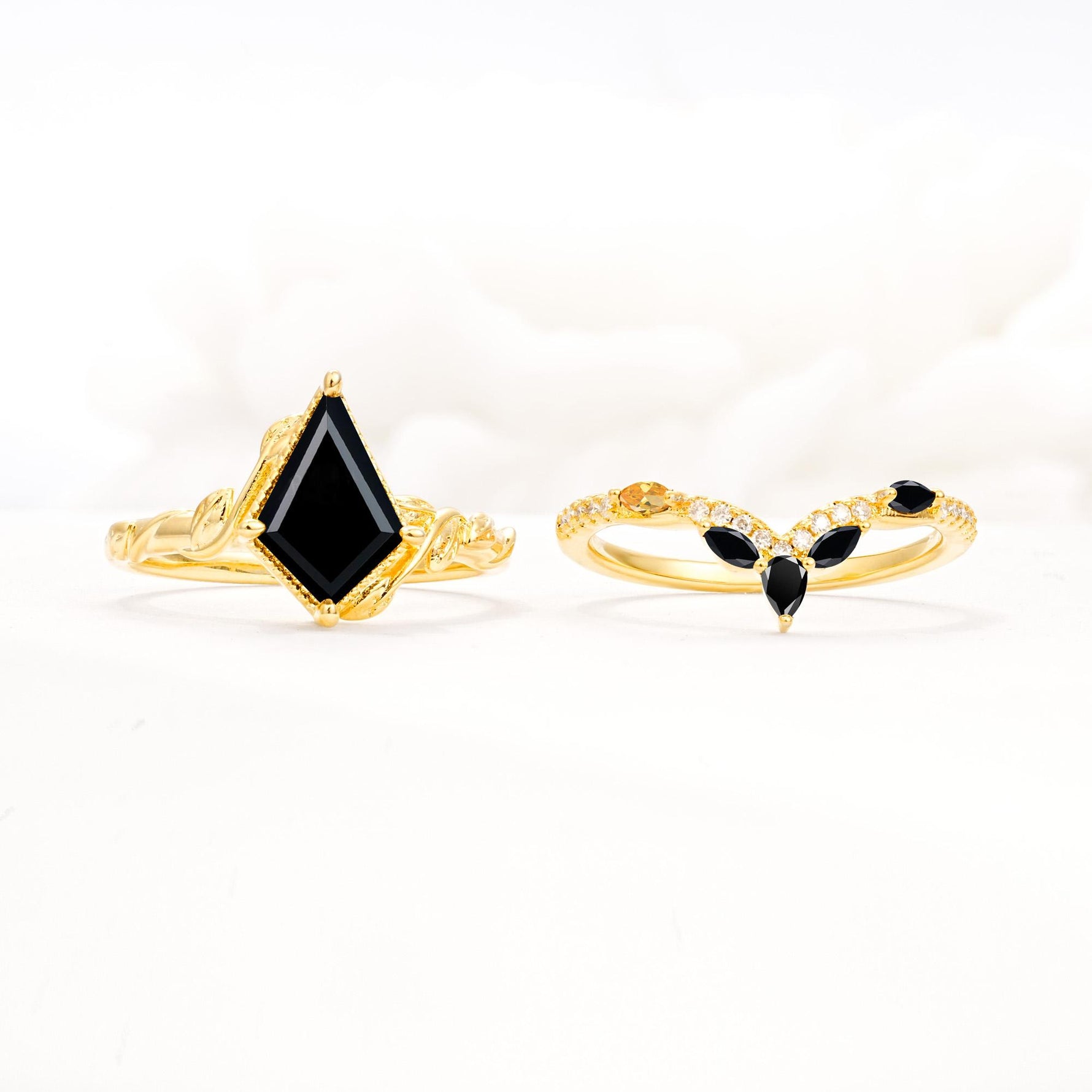 Nature-Inspired Kite Cut Black Onyx Bridal Set with Leaf Accents - White-Gold