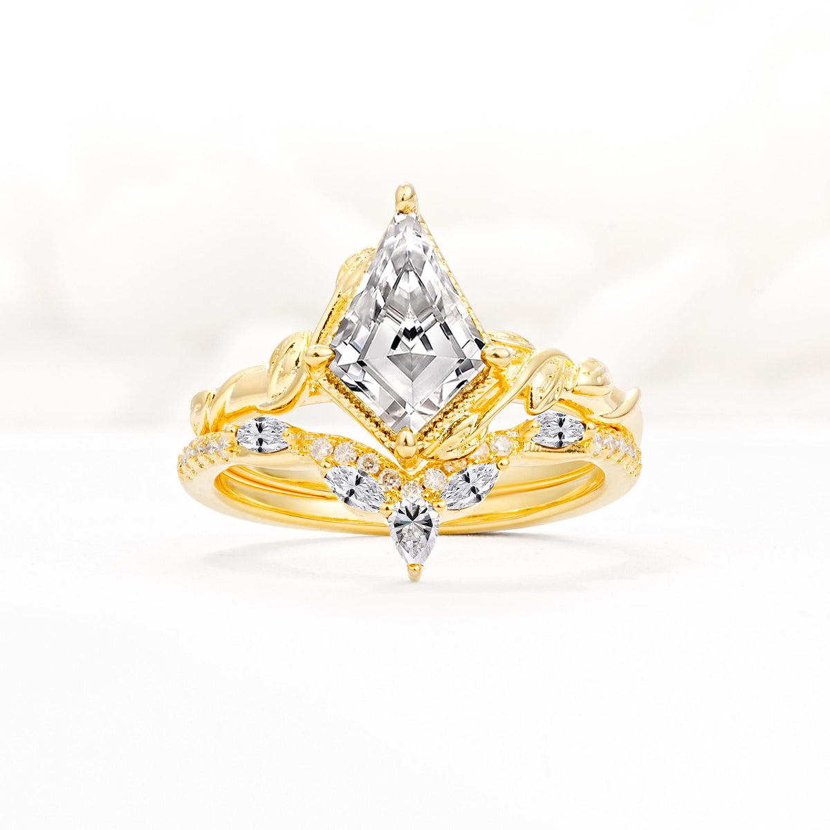 Nature-Inspired Kite Cut Lab Diamond Bridal Set with Leaf Accents - Yellow-Gold