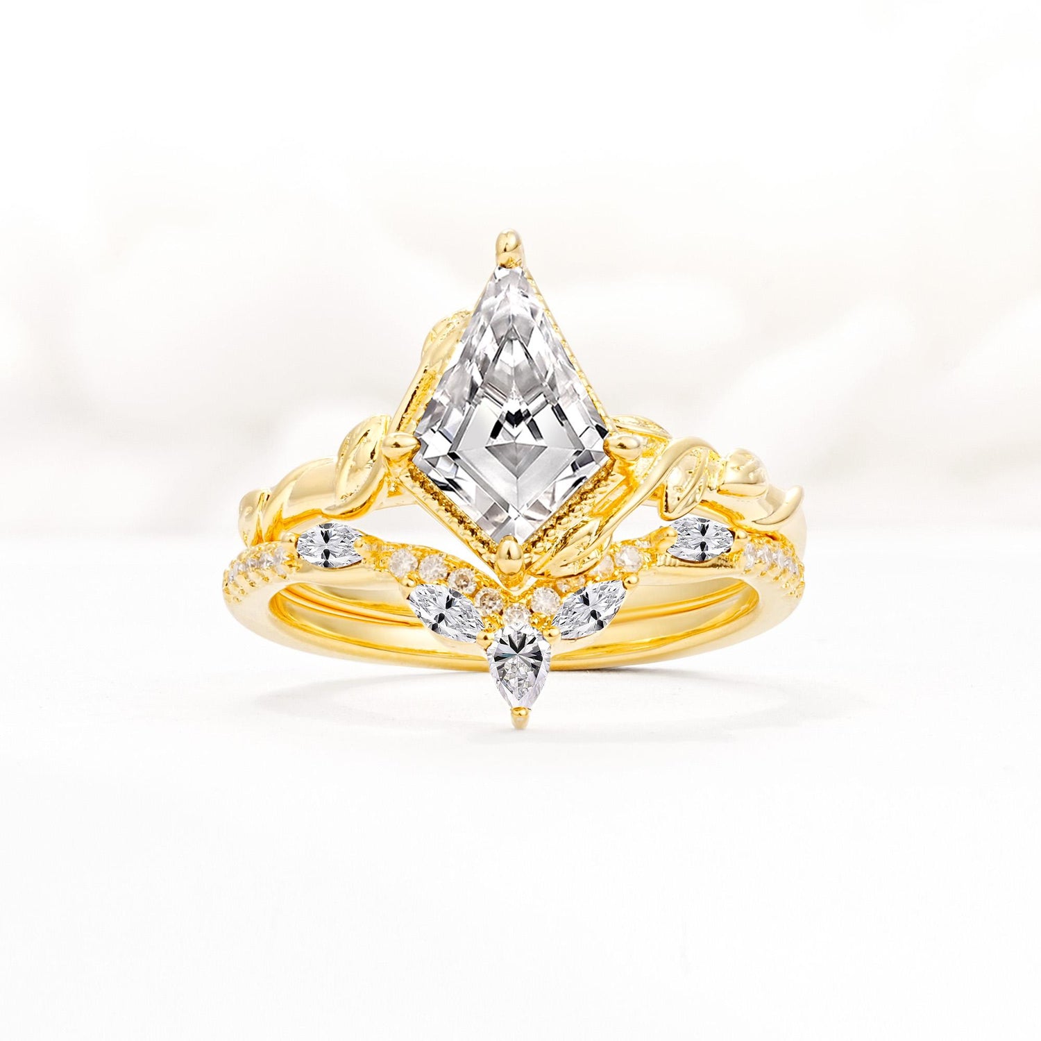 Nature-Inspired Kite Cut Lab Diamond Bridal Set with Leaf Accents - Yellow-Gold