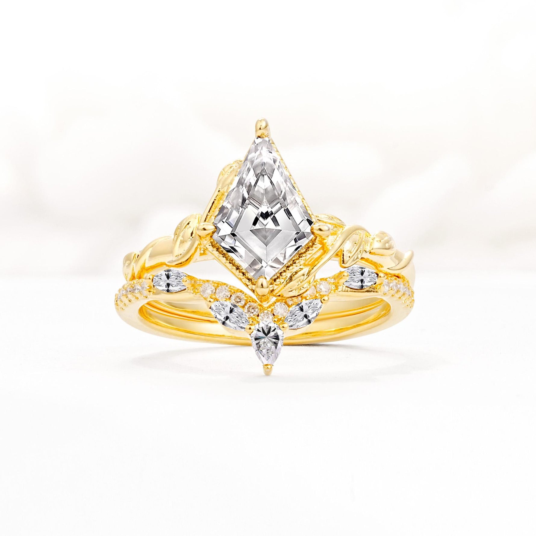 Nature-Inspired Kite Cut Lab Diamond Bridal Set with Leaf Accents - Yellow-Gold