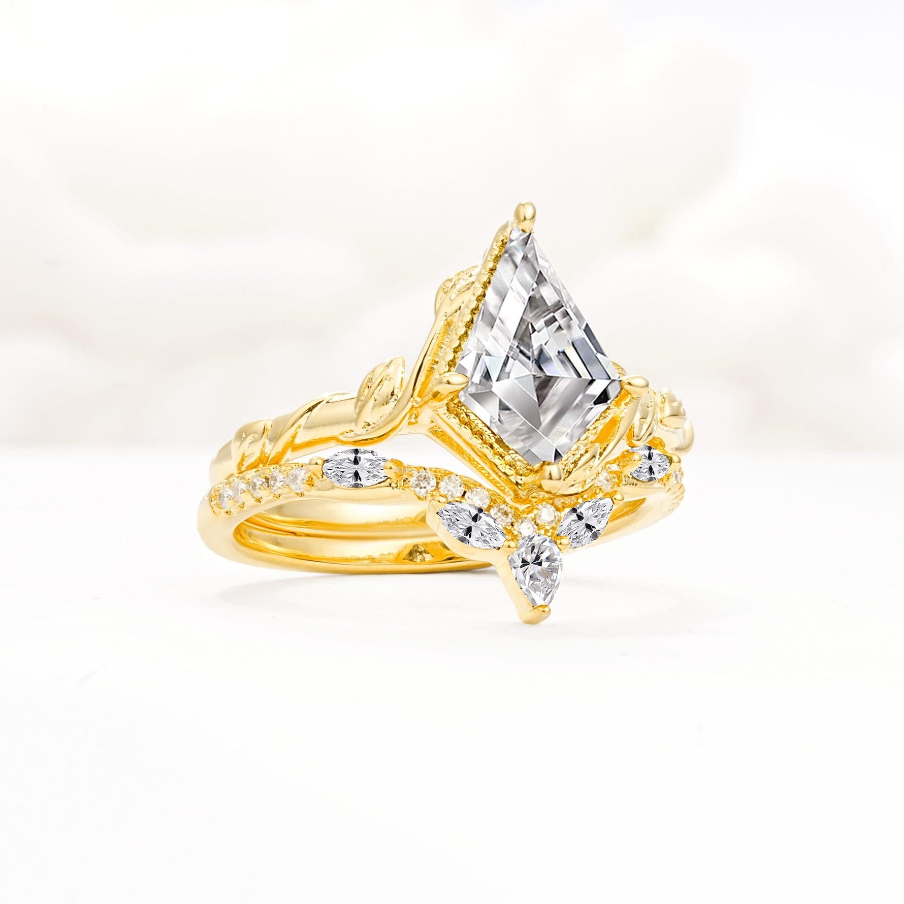 Nature-Inspired Kite Cut Lab Diamond Bridal Set with Leaf Accents - Rose-Gold
