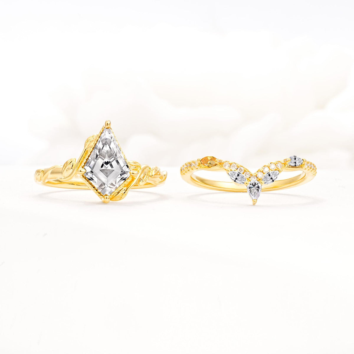 Nature-Inspired Kite Cut Lab Diamond Bridal Set with Leaf Accents - White-Gold