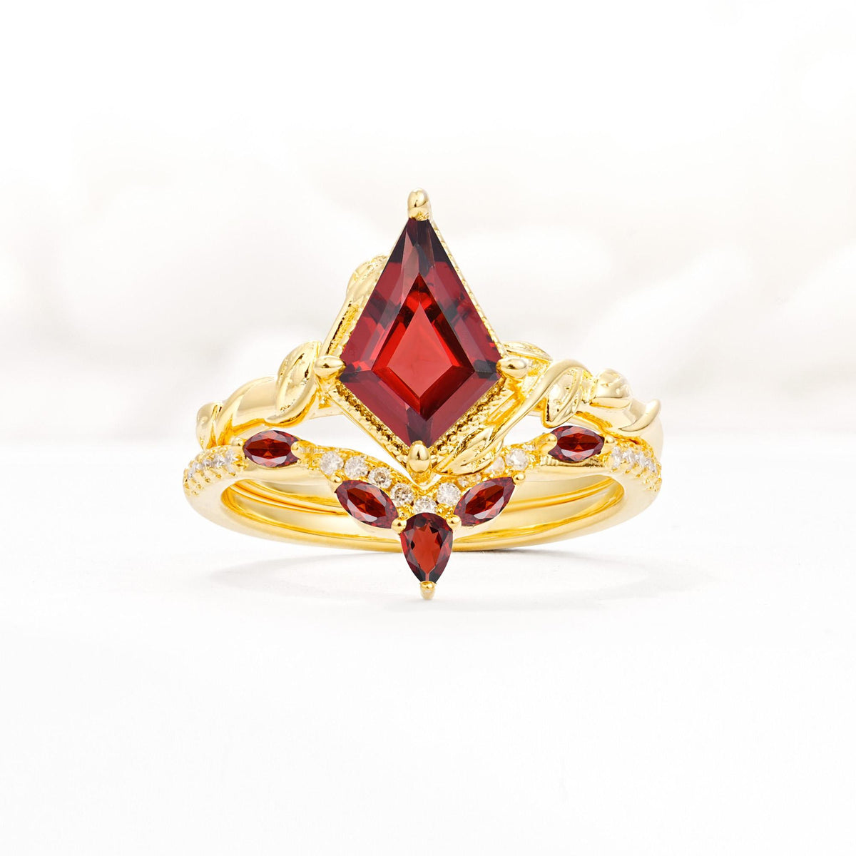 Nature-Inspired Kite Cut Garnet Bridal Set with Leaf Accents - Yellow-Gold
