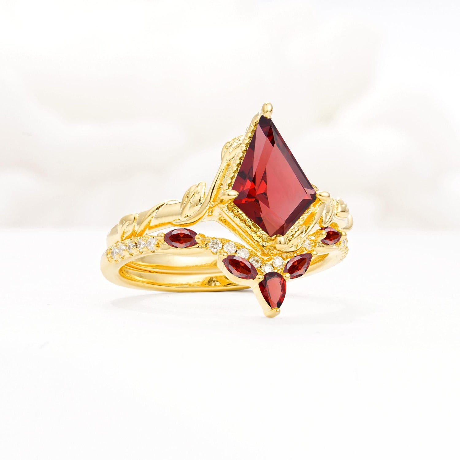 Nature-Inspired Kite Cut Garnet Bridal Set with Leaf Accents - Rose-Gold