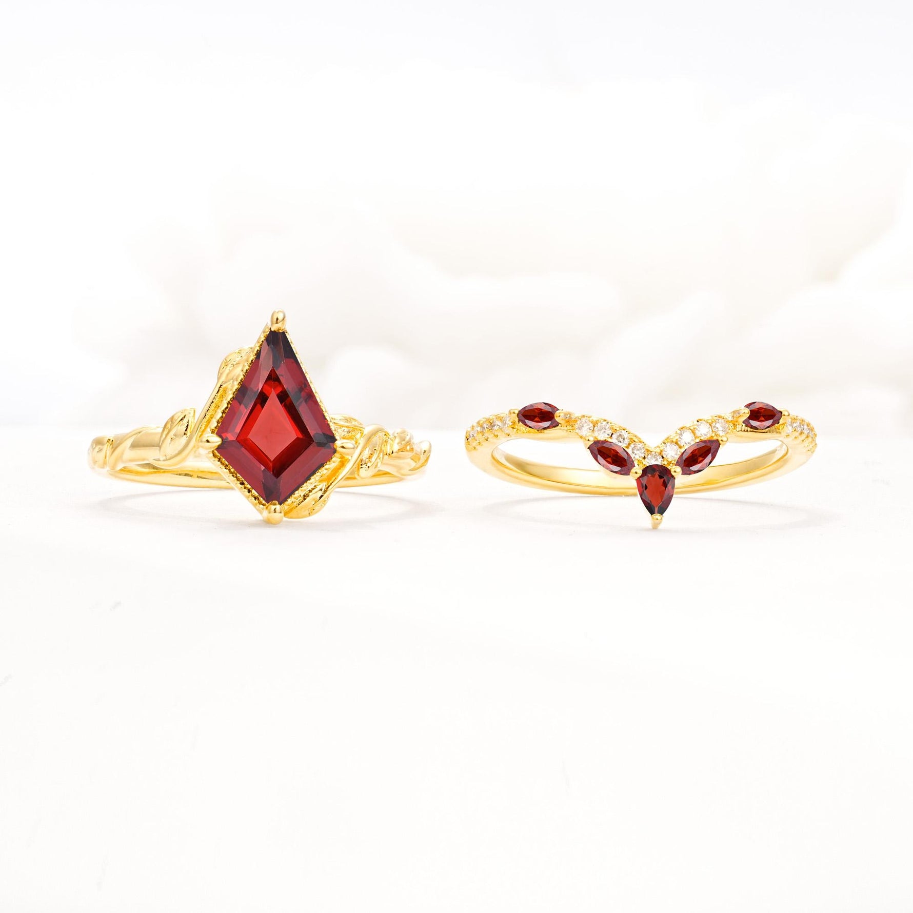 Nature-Inspired Kite Cut Garnet Bridal Set with Leaf Accents - White-Gold
