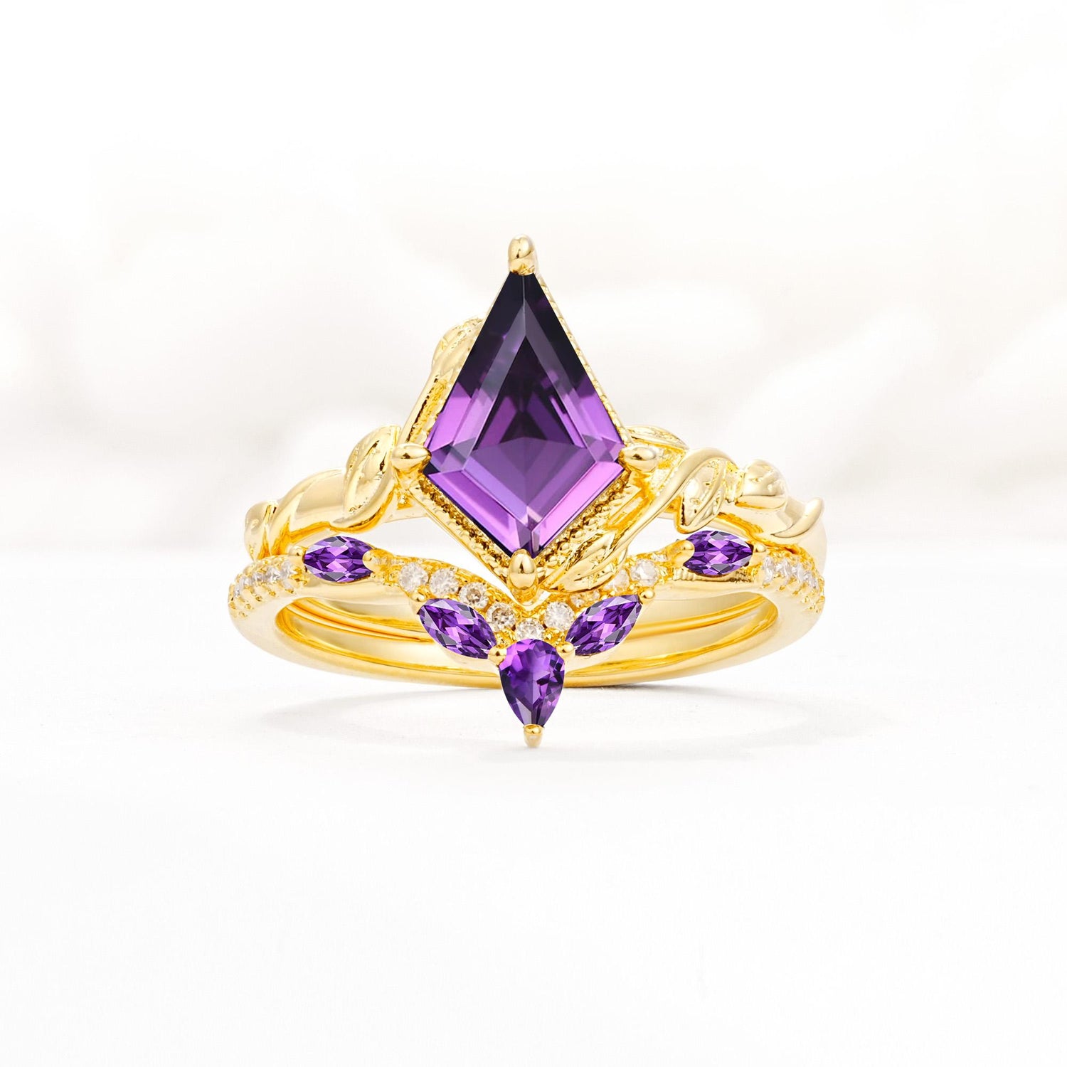 Nature-Inspired Kite Cut Amethyst Bridal Set with Leaf Accents - Yellow-Gold