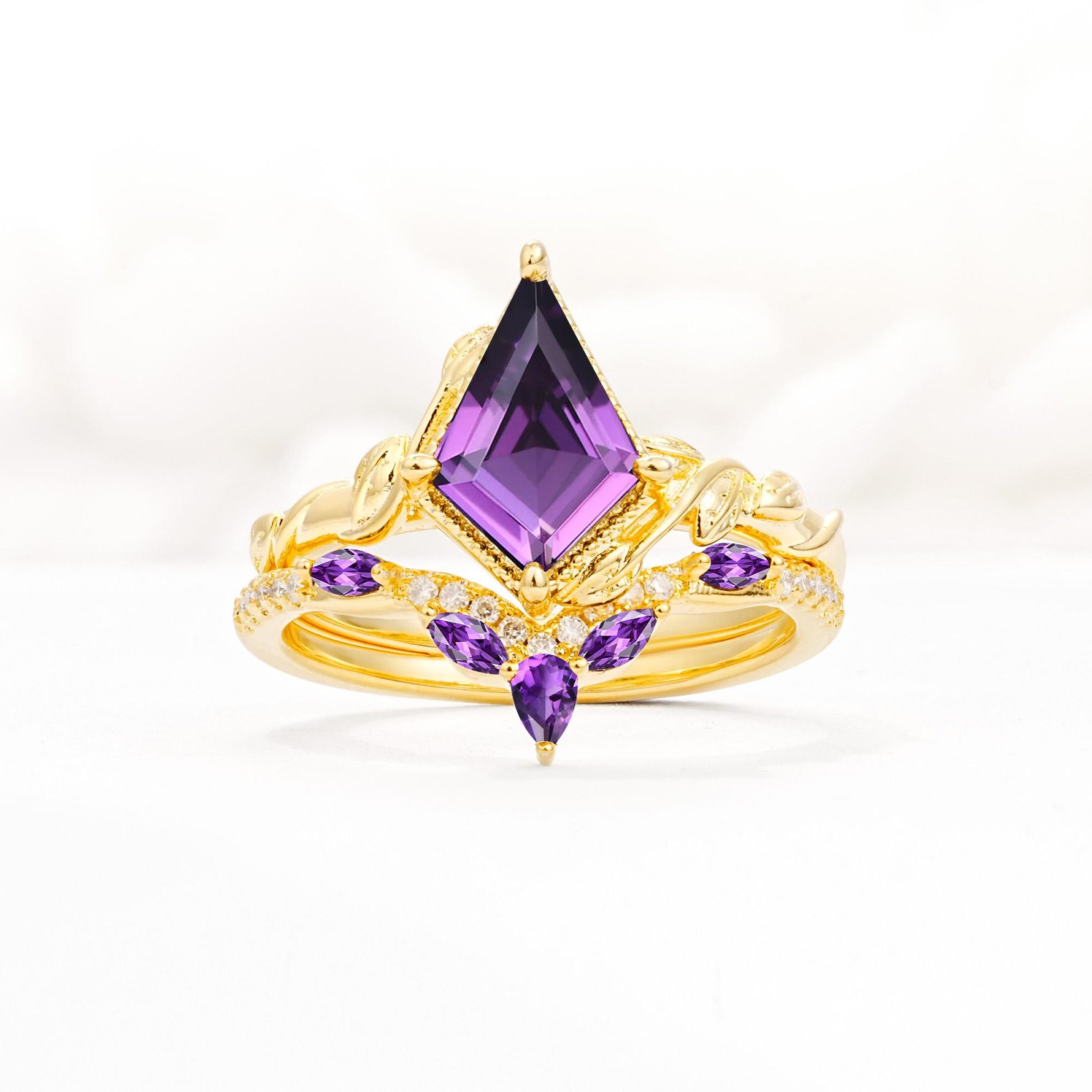 Nature-Inspired Kite Cut Amethyst Bridal Set with Leaf Accents - Yellow-Gold