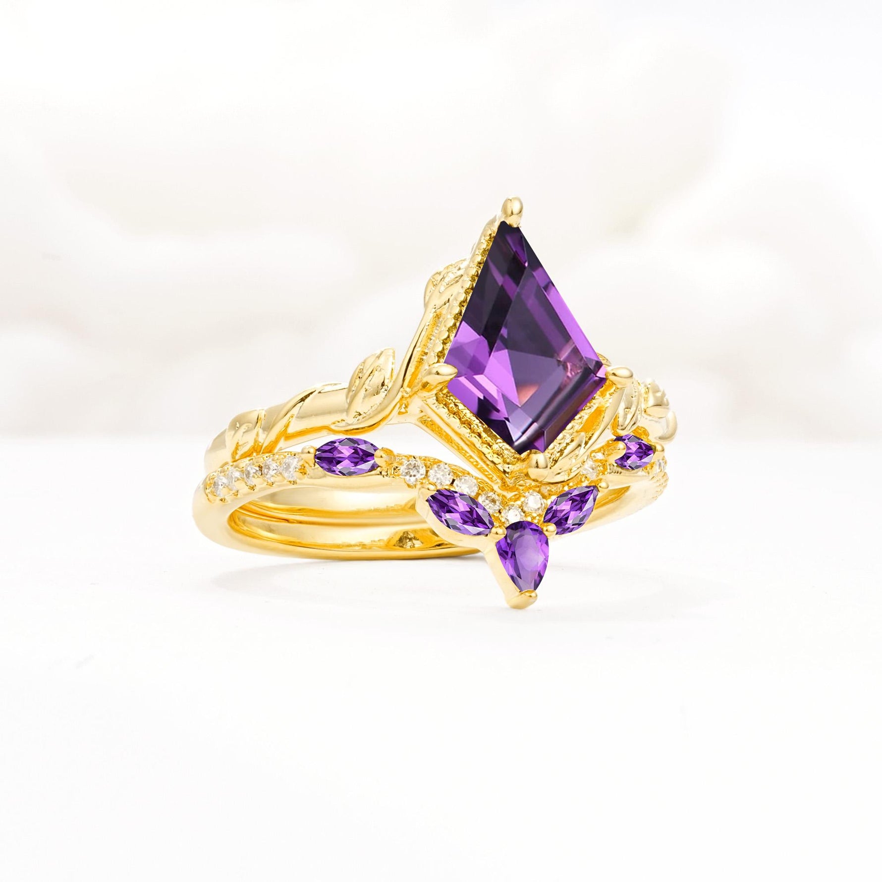 Nature-Inspired Kite Cut Amethyst Bridal Set with Leaf Accents - Rose-Gold