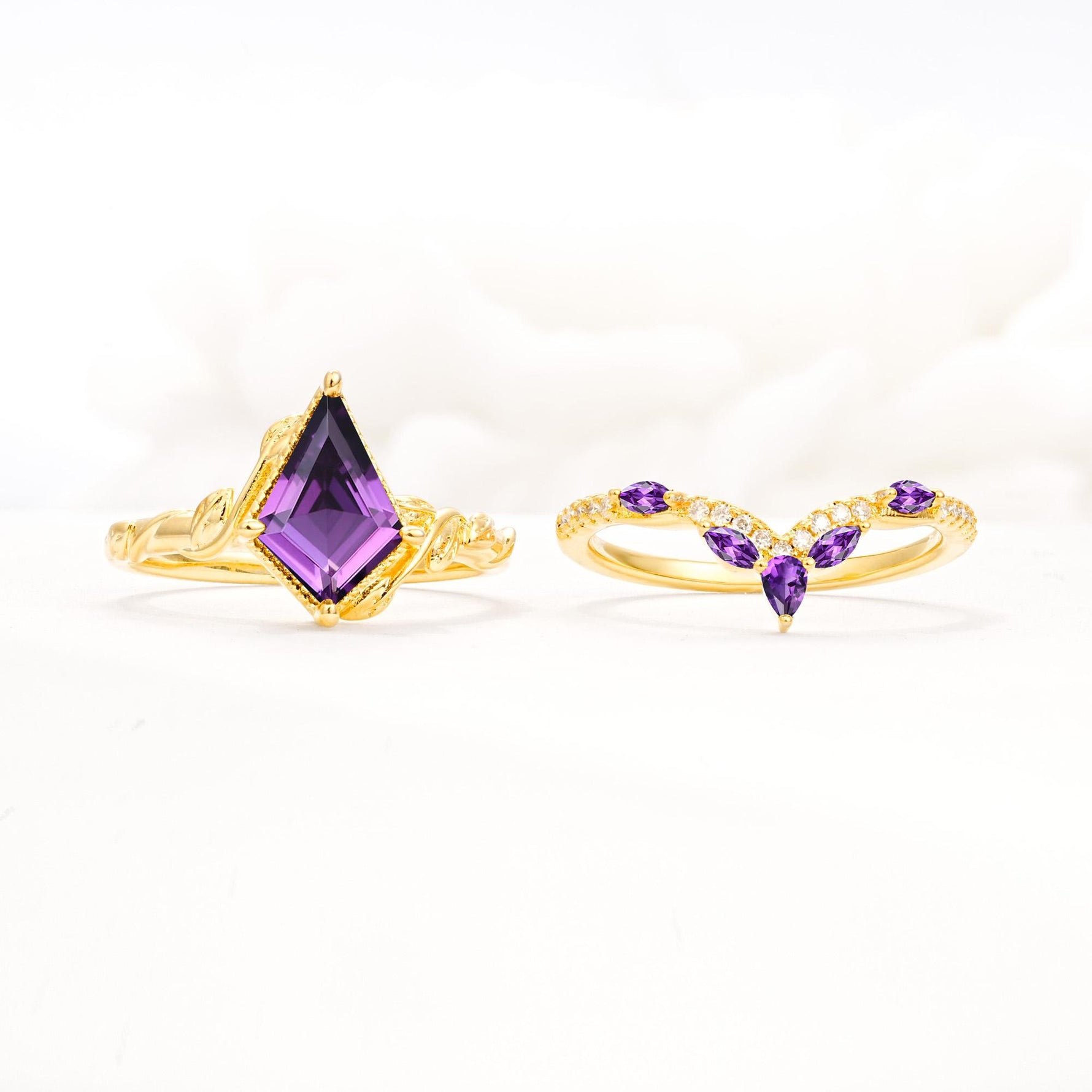 Nature-Inspired Kite Cut Amethyst Bridal Set with Leaf Accents - White-Gold