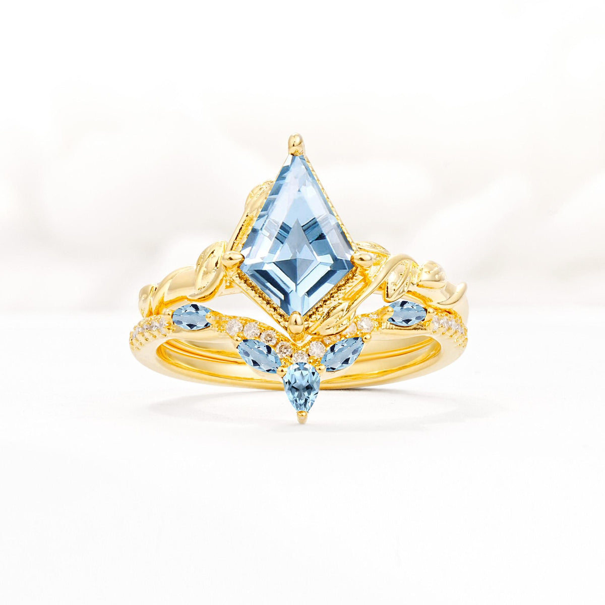 Nature-Inspired Kite Cut Aquamarine Bridal Set with Leaf Accents - Yellow-Gold