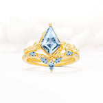 Nature-Inspired Kite Cut Aquamarine Bridal Set with Leaf Accents - Yellow-Gold