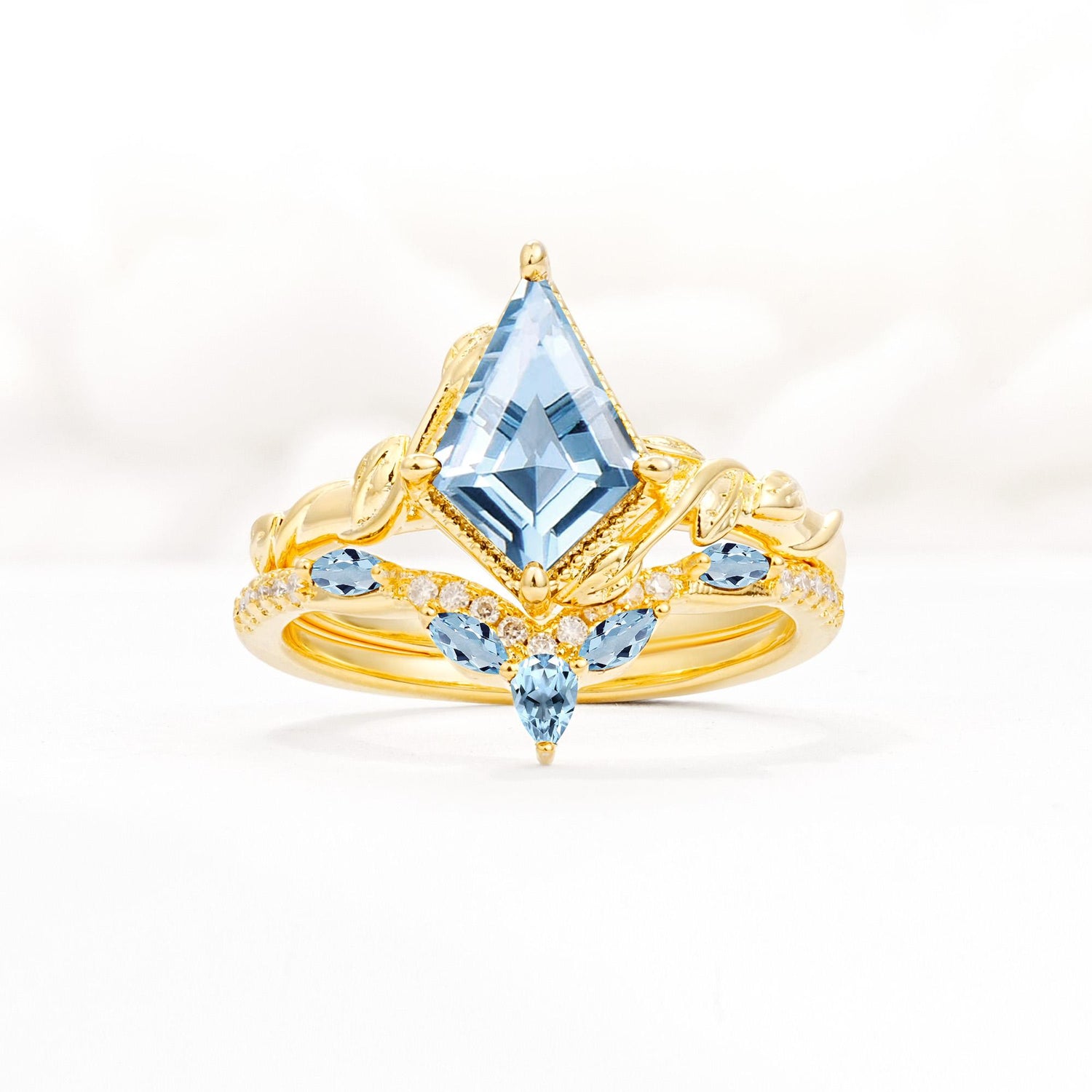 Nature-Inspired Kite Cut Aquamarine Bridal Set with Leaf Accents - Yellow-Gold