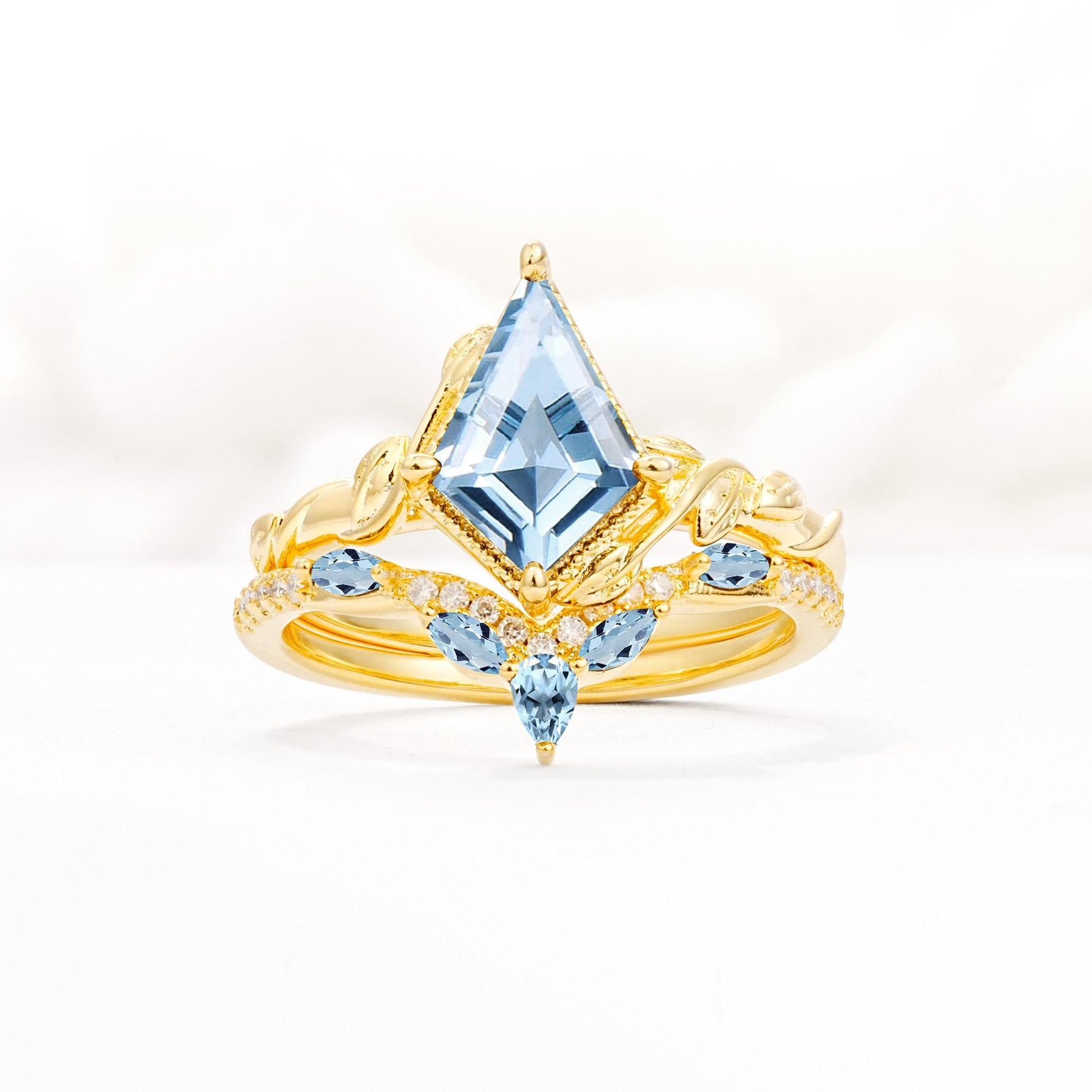 Nature-Inspired Kite Cut Aquamarine Bridal Set with Leaf Accents - Yellow-Gold