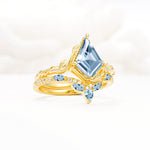 Nature-Inspired Kite Cut Aquamarine Bridal Set with Leaf Accents - Rose-Gold
